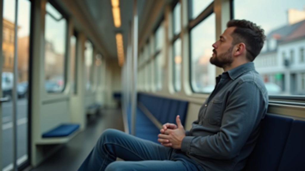 Muž relaxuje v tramvaji během cesty do práce