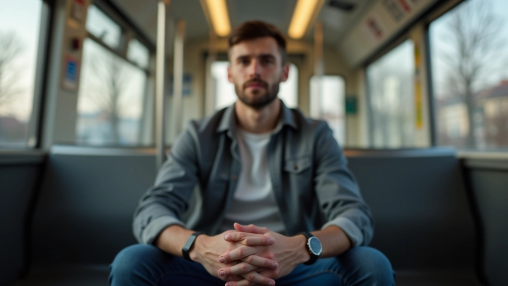 Muž sedí v tramvaji s rukama na kolenou v klidné poloze